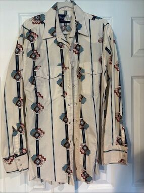 Wrangler Western Shirt in Cream with Teal & Rust Accents